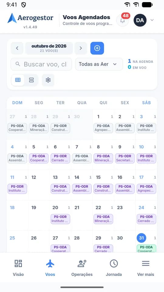 Agenda de voos do mês no aplicativo