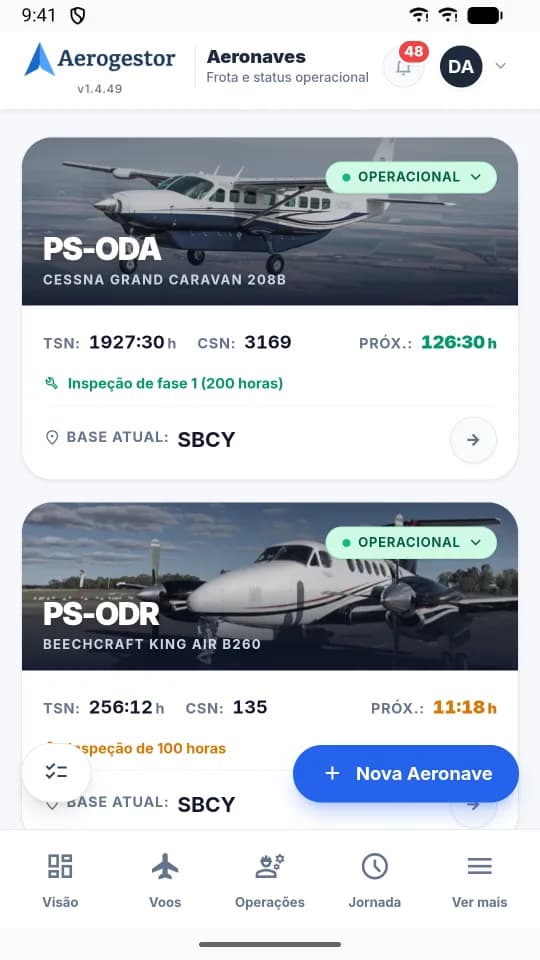 Frota com o status de cada aeronave