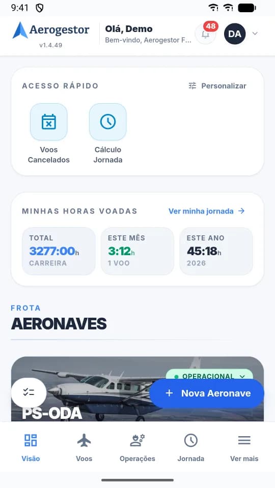 Tela inicial do aplicativo com acesso rápido e horas voadas