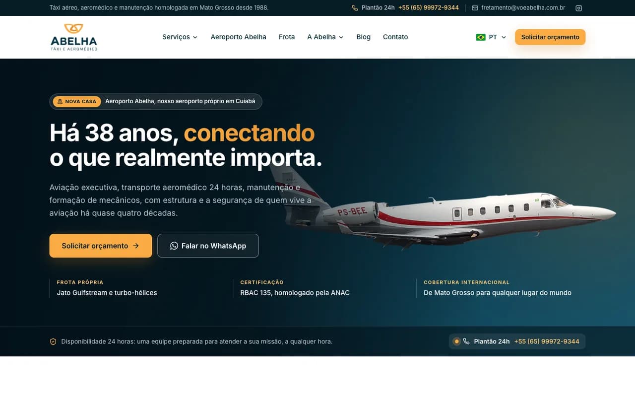 Página inicial do site da Abelha Táxi Aéreo e Manutenção, desenvolvido pela Aerogestor.