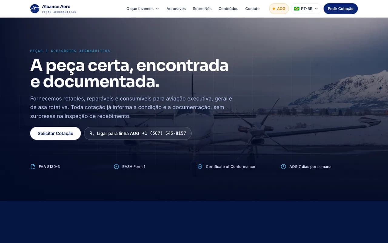 Página inicial do site da Alcance Aero, desenvolvido pela Aerogestor.
