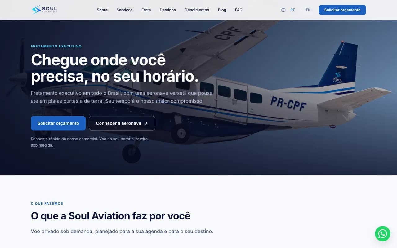 Página inicial do site da Soul Aviation, desenvolvido pela Aerogestor.