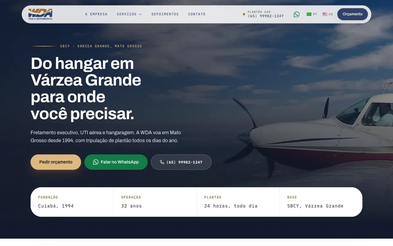 Página inicial do site da WDA Táxi Aéreo, desenvolvido pela Aerogestor.