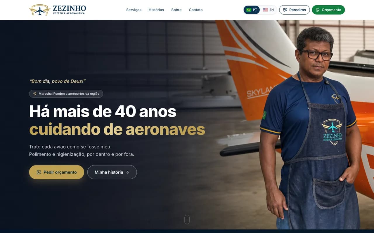 Página inicial do site da Zezinho Estética Aeronáutica, desenvolvido pela Aerogestor.